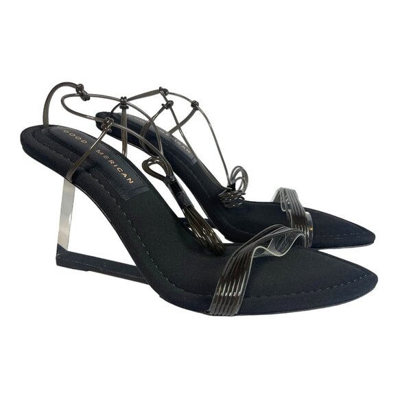 Good American Womens 6 Black‎ Ankle Strap Clear Wedge Sandal GA080N-X Prom NEW - Picture 1 of 12
